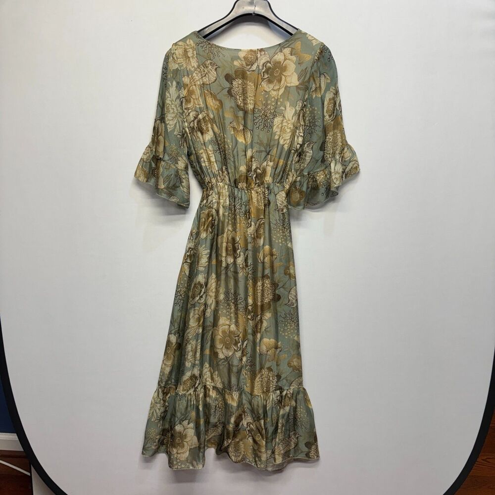 Women's Green Floral Midi Dress with Ruffle Sleeves - Picture 12 of 16